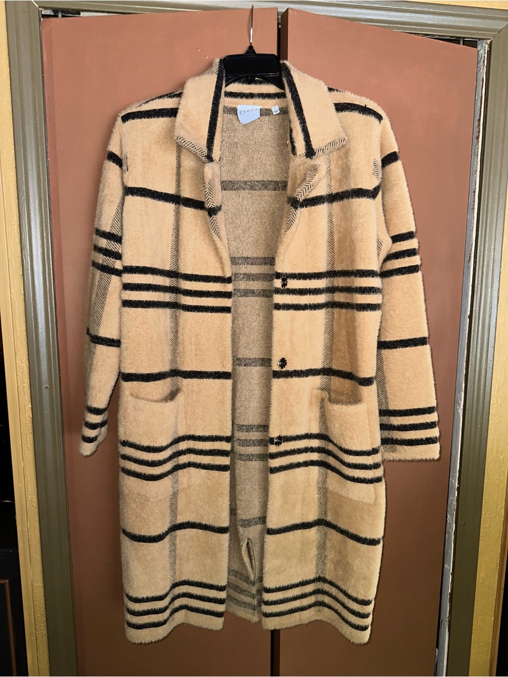 Cyrus Beige Trench Coat with Black Stripe Plaid